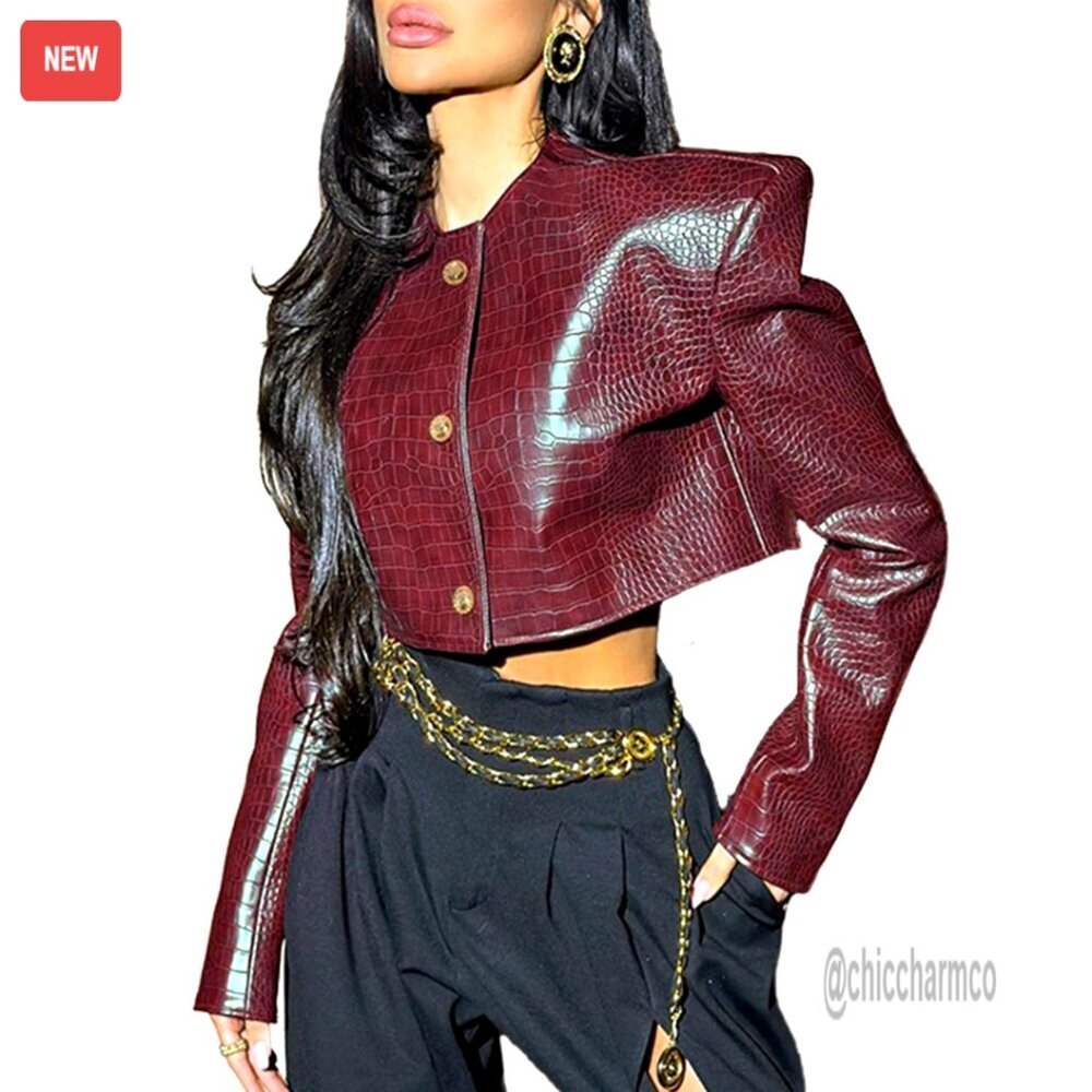 Faux Leather Bomber Jacket Cropped Y2K Chic Going Out Coat Women